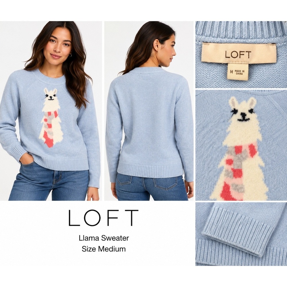 Loft Womens Light Blue Llama Graphic Scarf Crewneck Sweater Size Medium